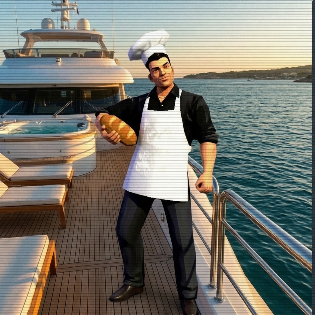 The Bread Man on a luxury yacht holding a loaf of bread