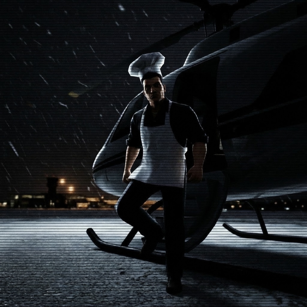 The Bread Man stepping off a helicopter at night