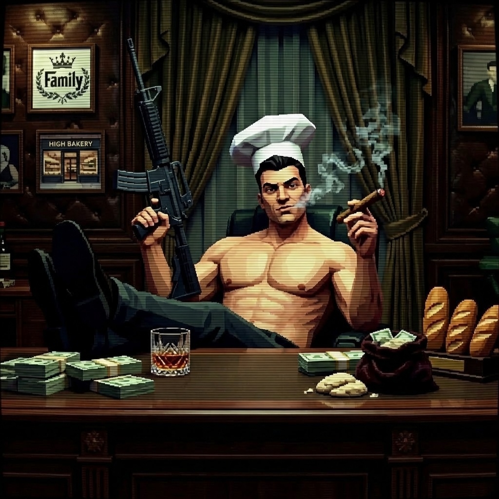 The Bread Man in his office with a rifle, cigar, cash, and bread